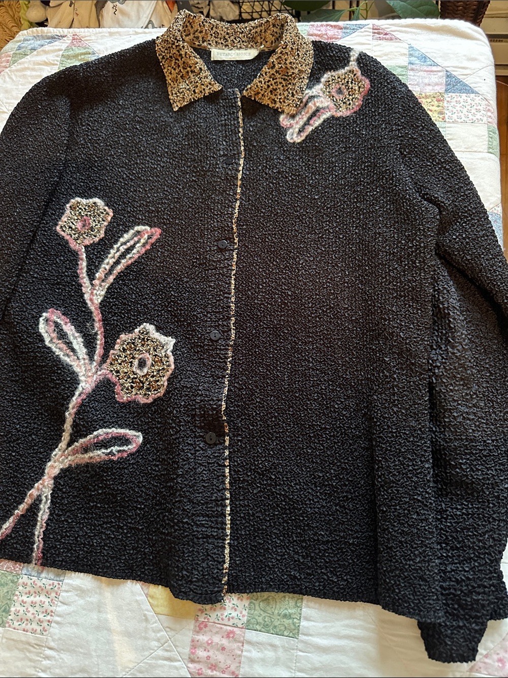 W—Black Teddy Jacket with Floral Appliqué and Leopard Collar